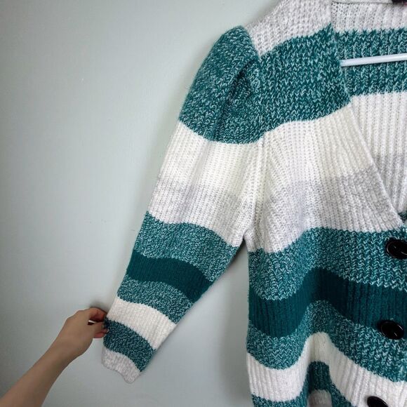 Vince Camuto Puff Sleeve Cardigan Button Front Knit Teal Grey Cream Striped L - Picture 4 of 10